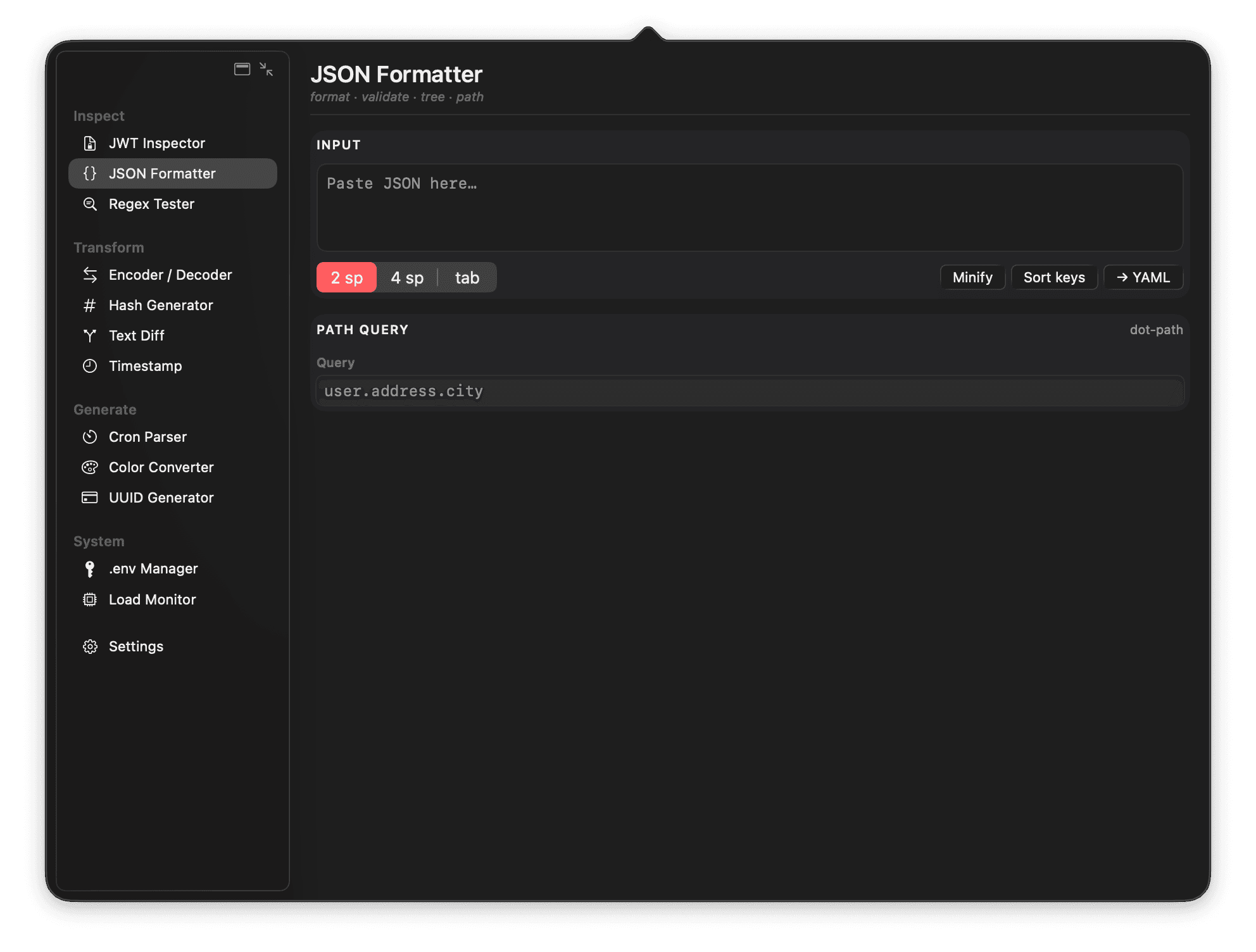 Wring macOS menu bar app showing the Hash Generator tool